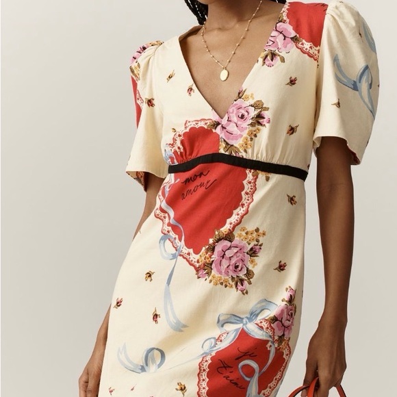 Anthropologie Dresses & Skirts - Anthropologie Cream Mini Dress with Red Heart & Pink Floral Print